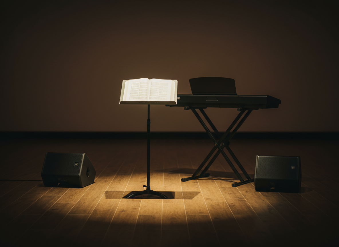 A minimalist worship stage setup featuring a simple black music stand holding an open, non-textual songbook with clean, blank pages implied to represent scripture-based lyrics, framed by two understated floor monitors and a single unbranded keyboard on a sturdy stand. The stage floor is dark wood, subtly reflecting overhead spotlights. Soft, warm stage lighting creates a gentle glow centered on the stand and keyboard, with the background fading into a tasteful, blurred darkness. Photographic realism, shot from a slightly low, audience-facing angle with strong depth, the composition feels anticipatory and reverent, suggesting a sacred atmosphere prepared for authentic, YAH-honoring worship without any people present.