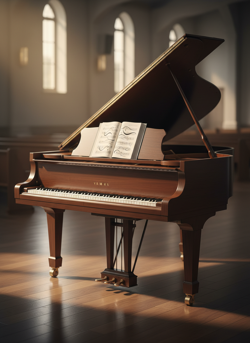 A polished mahogany grand piano with its lid gracefully open, glossy black and white keys reflecting subtle highlights, positioned in a softly lit worship space. The piano rests on a smooth wooden floor, with a simple music stand holding an open, unbranded songbook that hints at scripture-based lyrics through abstract musical notation. Warm, diffused golden-hour light streams in from large unseen windows, casting gentle shadows that emphasize the instrument’s elegant curves. The background is softly blurred, suggesting minimal architectural details of a sanctuary without showing any people. Shot at eye level with a shallow depth of field, photographic realism, the mood is reverent, sophisticated, and contemplative, evoking YAH-centered music worship and faith-filled creativity.