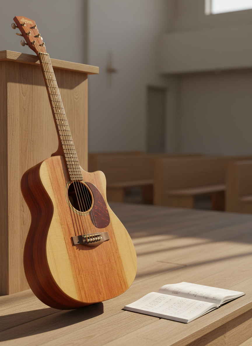 A well-worn, unbranded acoustic guitar made of rich cedar and spruce, its wood grain clearly visible, leaning gently against a simple wooden worship platform. Beside it lies an open notebook filled with abstract musical notation and faint, non-legible script representing biblical inspiration. Soft morning sunlight enters from the side, creating a warm, diffused glow that highlights the guitar’s curves and casts long, gentle shadows across the stage. The background shows a blurred hint of a minimalist sanctuary with clean lines and neutral tones. Photographic realism, shot from a slightly low angle with the guitar placed according to the rule of thirds, the scene feels peaceful, devoted, and deeply rooted in authentic, YAH-centered music ministry.