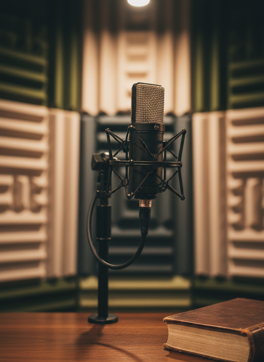 A high-quality dynamic microphone mounted on a sleek black stand, surrounded by thick acoustic panels in subtle earth tones inside a refined recording studio dedicated to worship music. The microphone’s metallic mesh glows softly in warm studio lighting, with a single focused overhead light creating delicate rim highlights and a faint halo effect around the mic. A closed leather-bound, unbranded book resembling a well-used Bible rests on a nearby wooden surface, slightly out of focus. Captured with a close-up, rule-of-thirds composition and shallow depth of field, photographic realism, the atmosphere feels intimate, prayerful, and professional, suggesting scripture-rooted songwriting and recording without depicting any people.