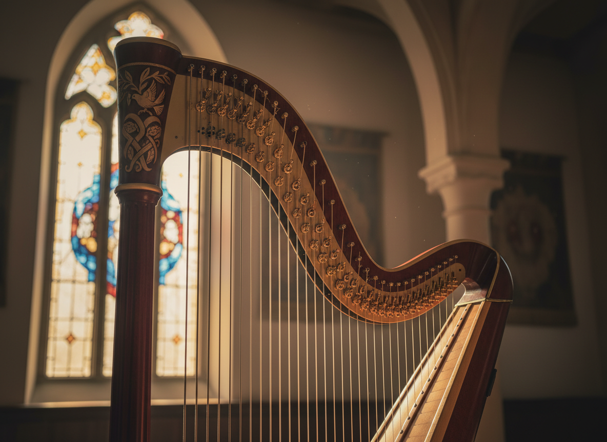 A close-up of a beautifully crafted, unbranded harp with golden tuning pegs and taut, shimmering strings, standing near a large arched window in a serene, chapel-like room. The harp’s polished wooden frame has intricate, tasteful carvings that hint at biblical symbolism without depicting specific scenes. Early evening light streams through the window, bathing the instrument in a soft, golden glow and creating delicate reflections on the strings. The background is softly blurred, revealing only subtle stonework and simple architectural lines. Photographic realism, shot at a three-quarter angle with shallow depth of field, the scene feels timeless, holy, and refined, evoking psalm-like worship and gentle, scripture-rooted praise music.