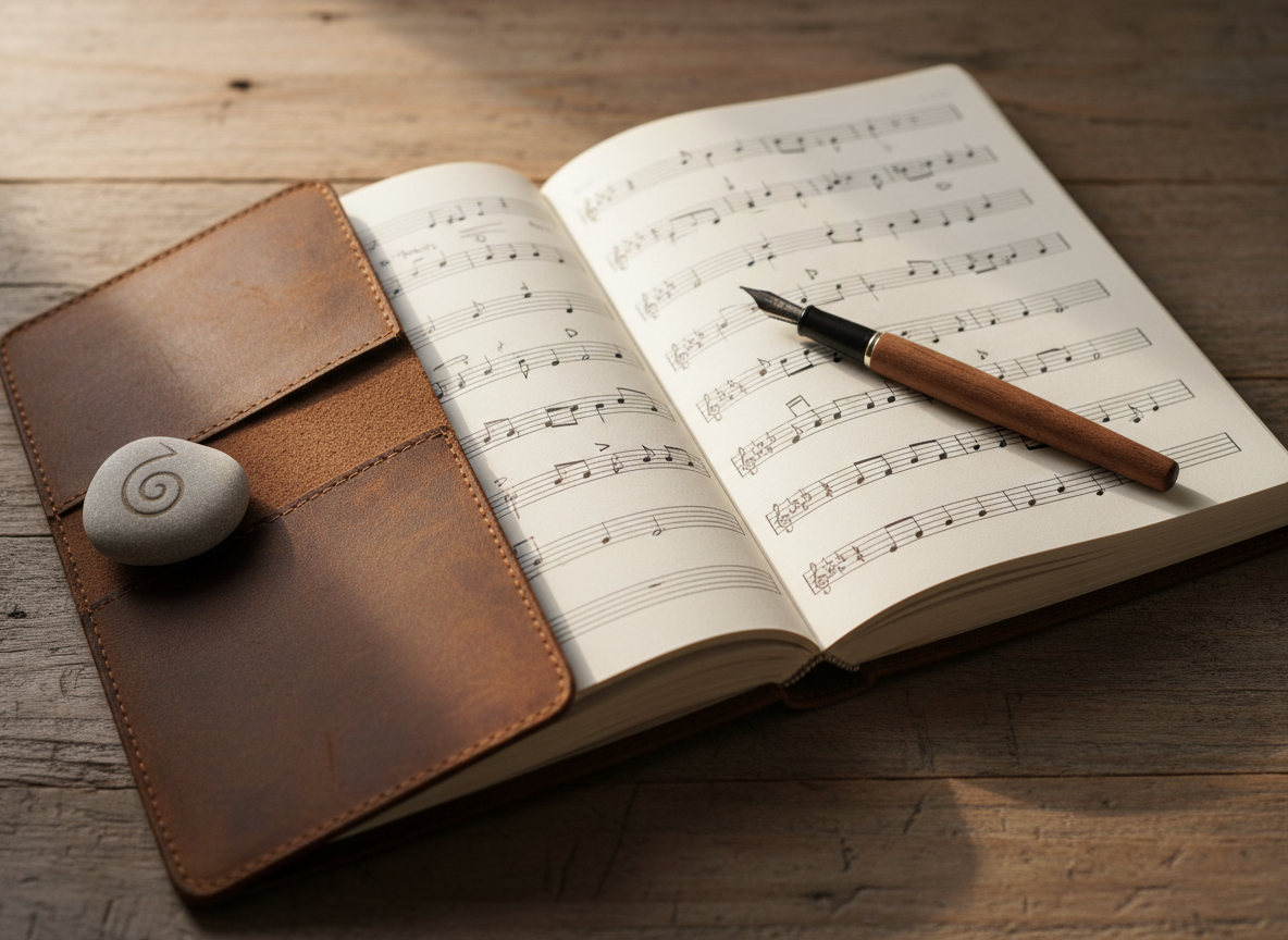 An open, unbranded leather journal resting on a rustic wooden table, its pages filled with hand-drawn music staff lines and faint, non-legible notes symbolizing worship song ideas inspired by scripture. A simple wooden fountain pen lies diagonally across the page, and a small, smooth stone engraved only with an abstract symbol sits nearby, evoking steadfast faith without using text. Soft afternoon sunlight filters through an unseen window, casting gentle, warm highlights and dappled shadows across the table’s textured grain. Photographic realism, shot from a close, slightly angled top-down perspective with shallow depth of field, the mood is introspective, prayerful, and creatively focused on composing YAH-centered music.