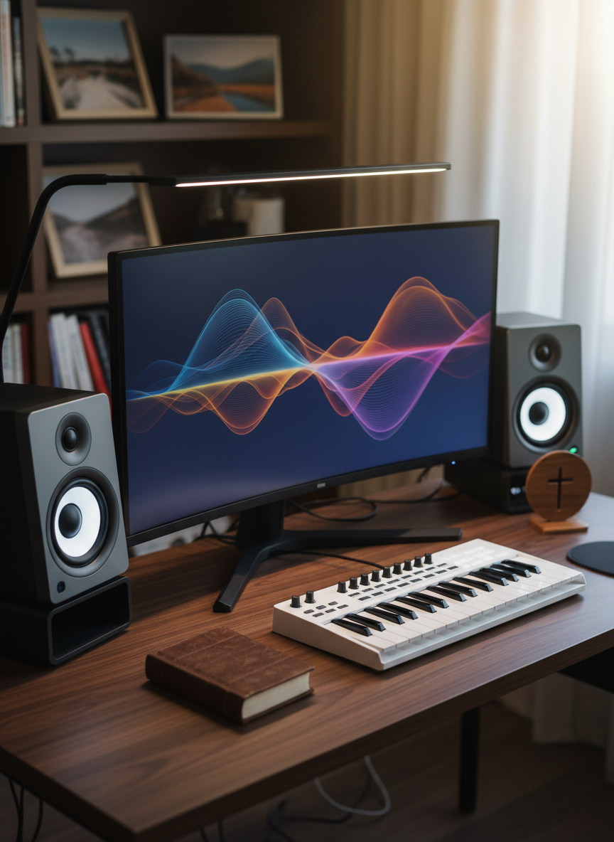 A sleek digital audio workstation setup on a dark walnut desk, featuring a pair of modern studio monitors, a compact MIDI keyboard, and a large display showing an abstract, colorful audio waveform pattern representing worship music without readable text. The workspace is accented by a small, unbranded scripture-like book and a simple wooden cross silhouette carved into a desk ornament, subtly referencing faith. Cool, focused LED desk lighting combines with soft ambient room light, creating a balanced, professional glow on the equipment. Shot from a slightly elevated angle with moderate depth of field and photographic realism, the composition is clean and sophisticated, conveying the fusion of contemporary music production and reverent, scripture-rooted worship.
