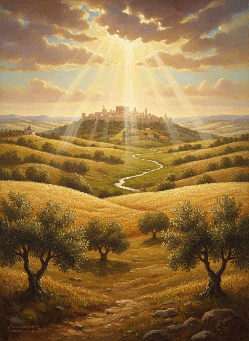 The land of Israel as portrayed in the Bible — Jerusalem on a hilltop, the Jordan River, olive trees, and golden fields bathed in heavenly light